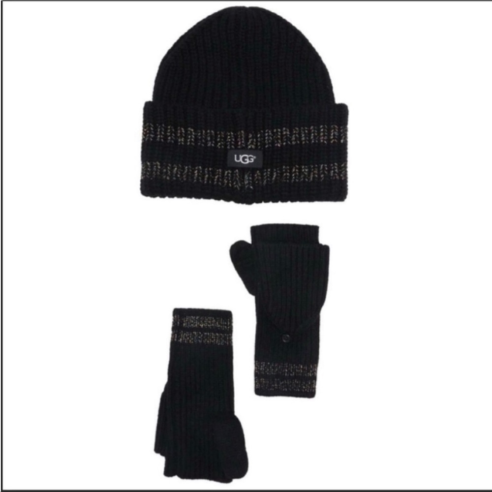UGG Australia Black Metallic Knit Beanie Flip Mittens Winter Holiday Gift Set OS